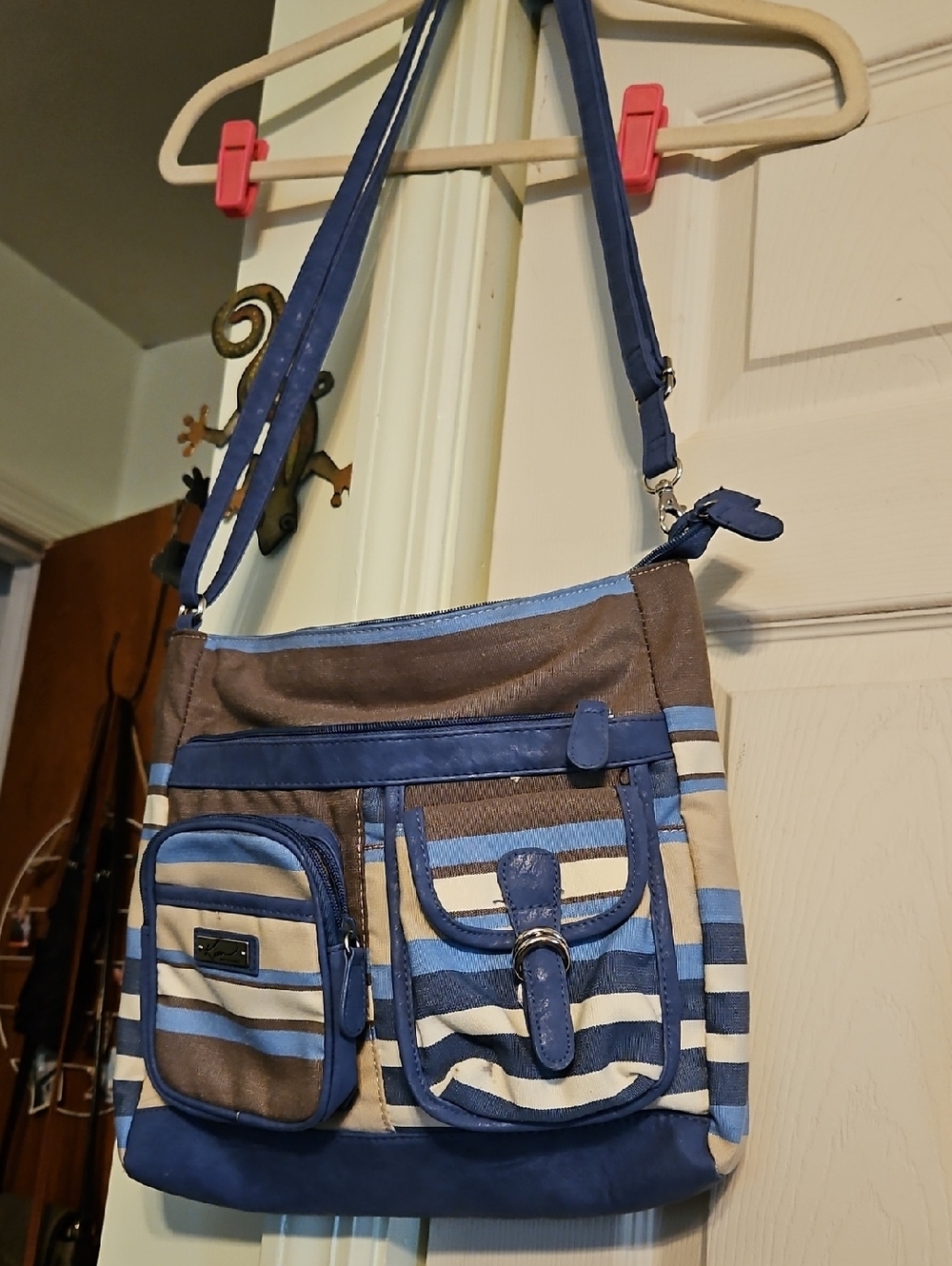 Kim Rogers Blue, Brown and Cream Striped Crossbody Bag